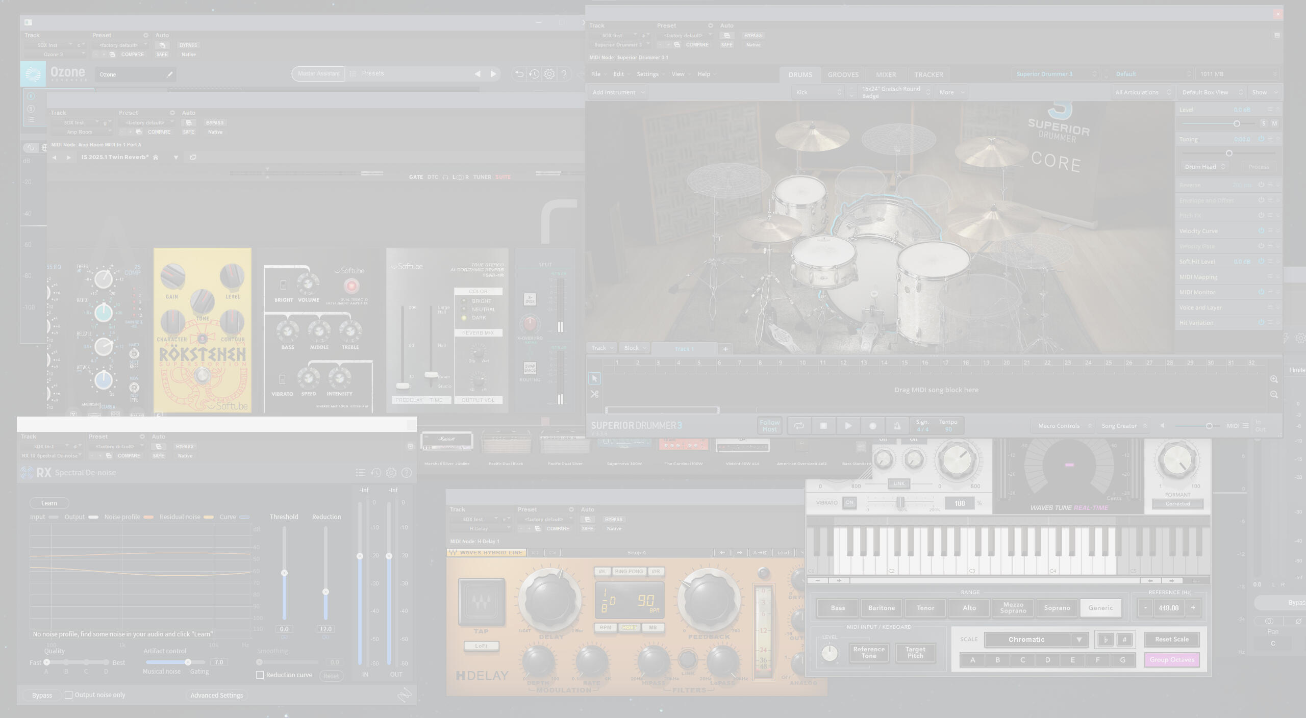 Software, Plugins, & VSTs Avid Pro Tools Celemony Melodyne Toontrack Superior Drummer 3 Softube Amp Room Modartt Pianoteq XLN Addictive Keys iZotope RX Standard iZotope Neutron, Nectar, Ozone Waves Gold, Tune Real-Time Analog Obsession